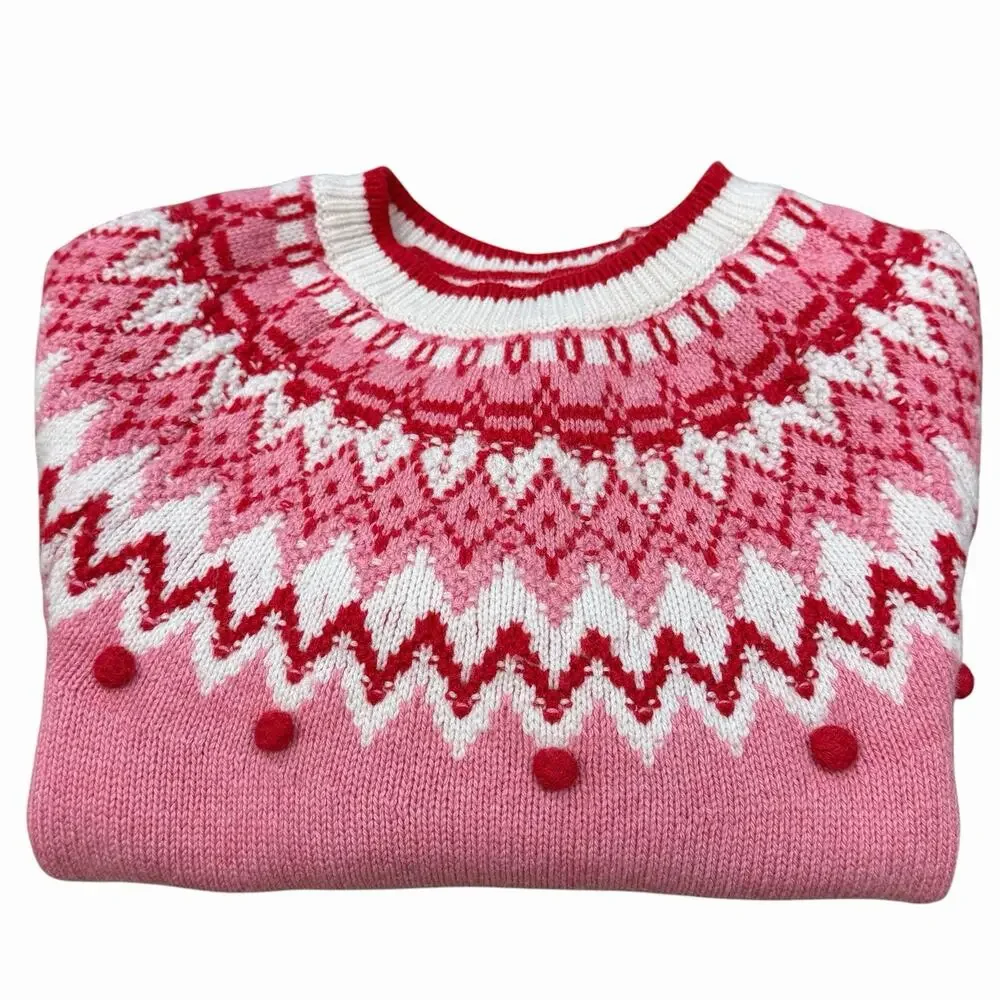 Boden Girls Wool Blend Fair Isle Pink White Red Pom Pom Crew Neck Sweater 6-7